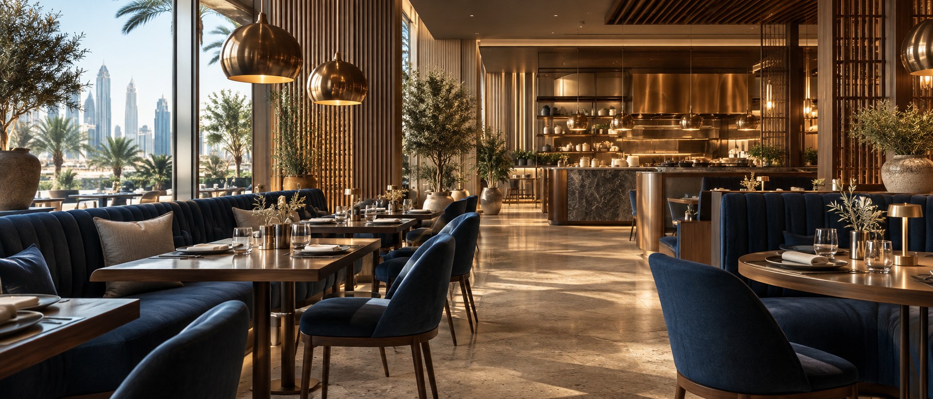 Illustrative premium restaurant interior with refined service areas